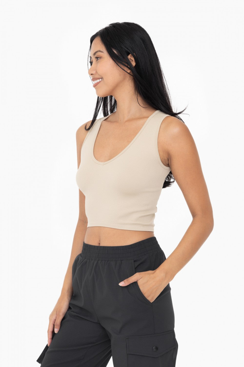 Green Khaki Seamless Ribbed V-Neck Crop Top