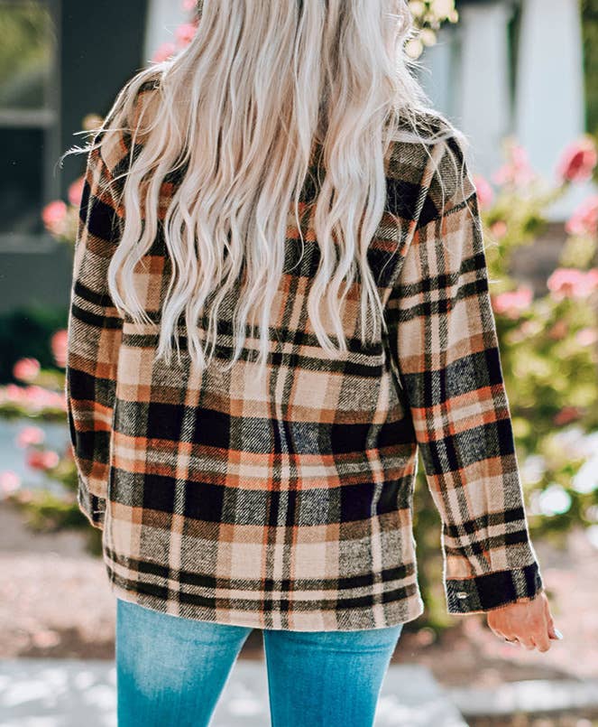 Orange Plaid Long Sleeve Pocketed Shacket