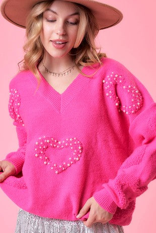 Pink Heart Pearl Trim Sweater