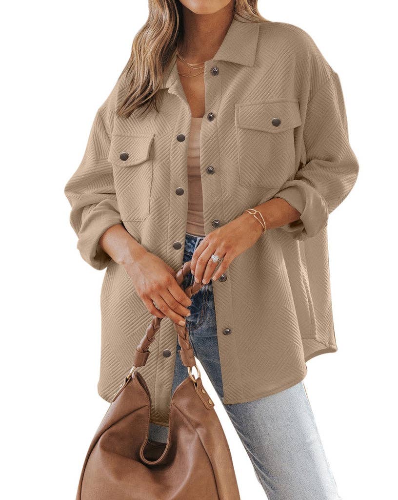 Khaki Geometric Textured Buttoned Shacket w/Pockets