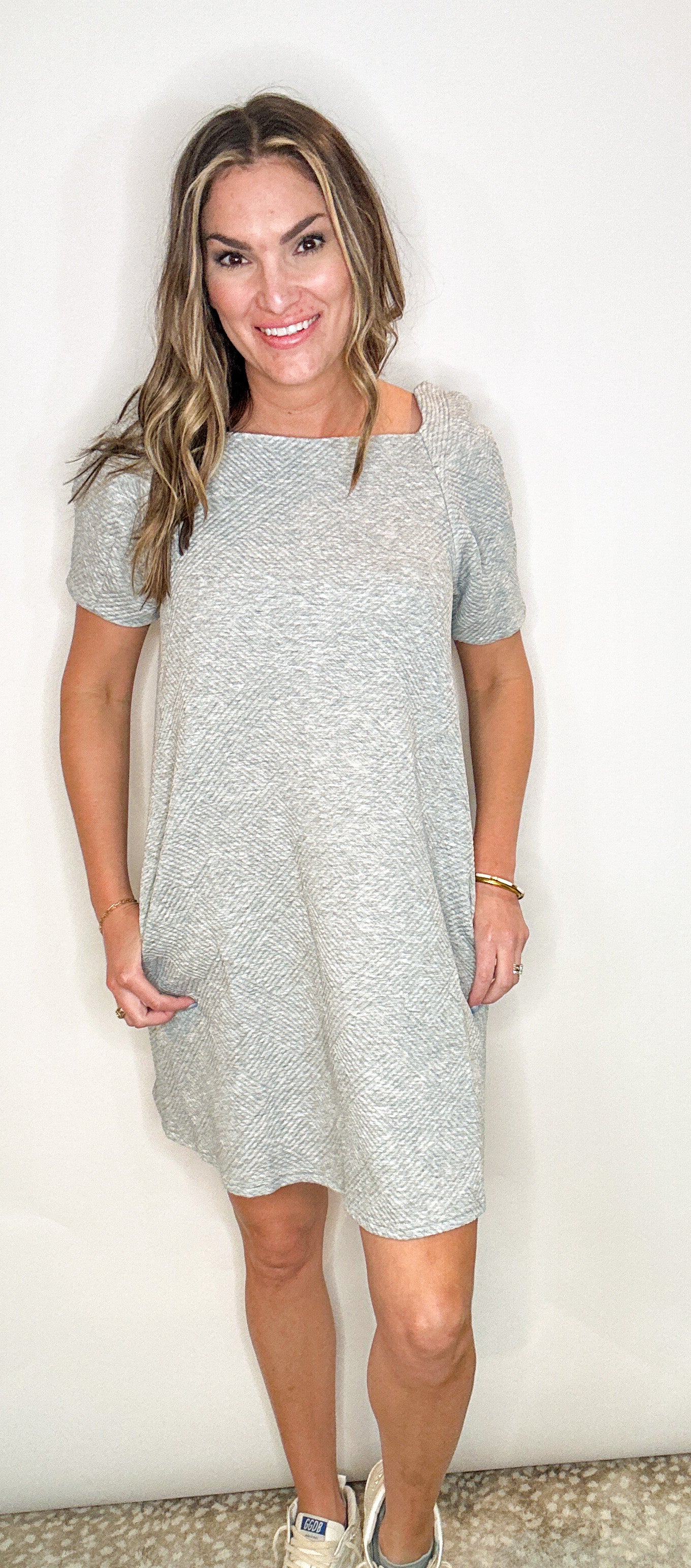 Grey Textured Puff Sleeve Dress