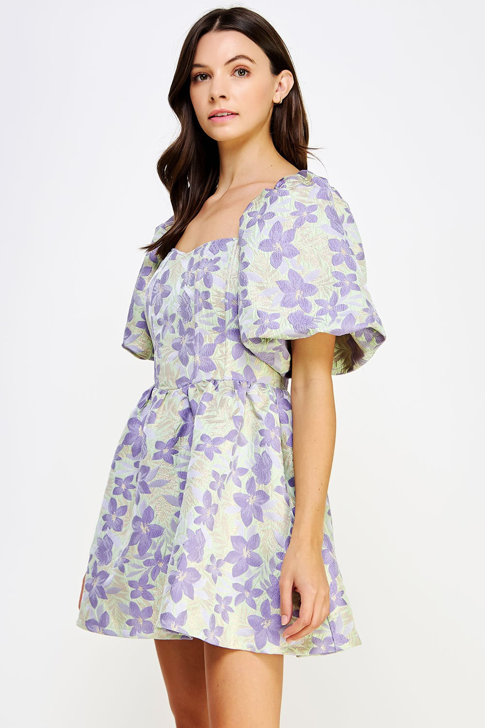 Balloon Sleeve Floral Jacquard Mini Dress