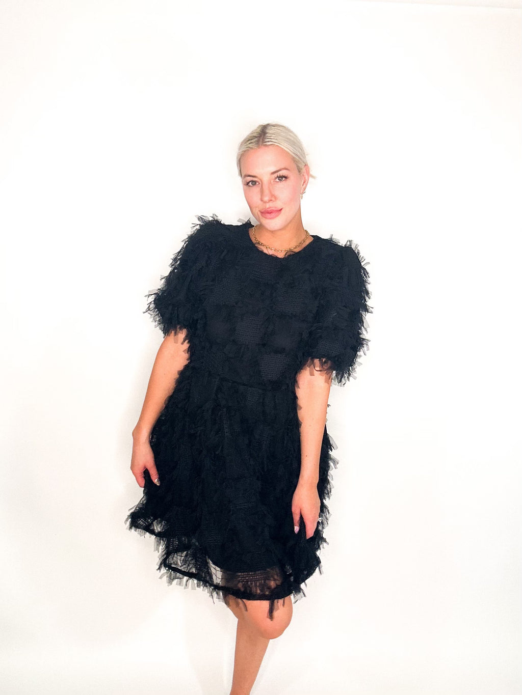 Gridded Mesh Feathered Puff Sleeve Mini Dress