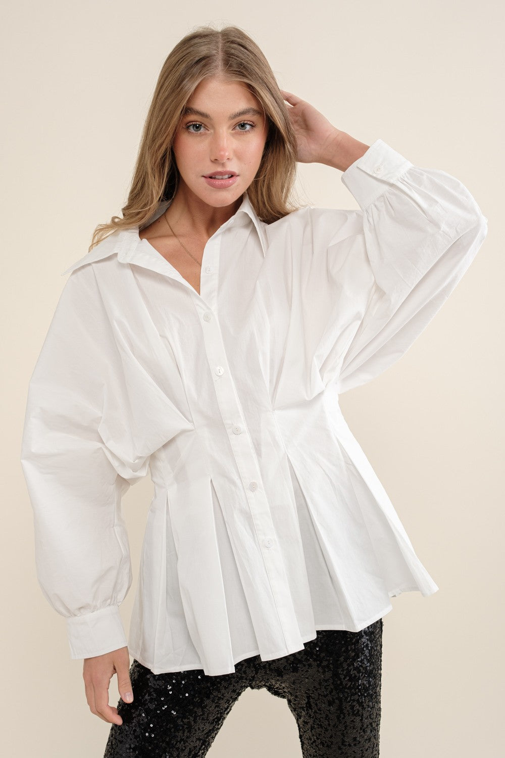 White Cotton Pleated Puff Sleeve Blouse