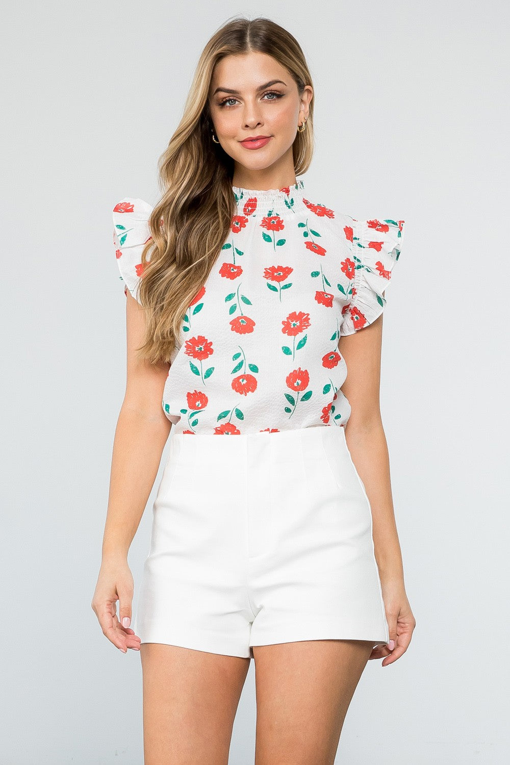 Smocked Neck Flower Print Top
