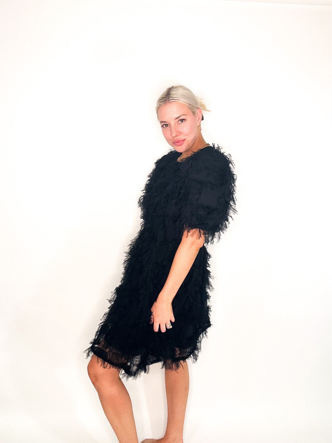 Gridded Mesh Feathered Puff Sleeve Mini Dress