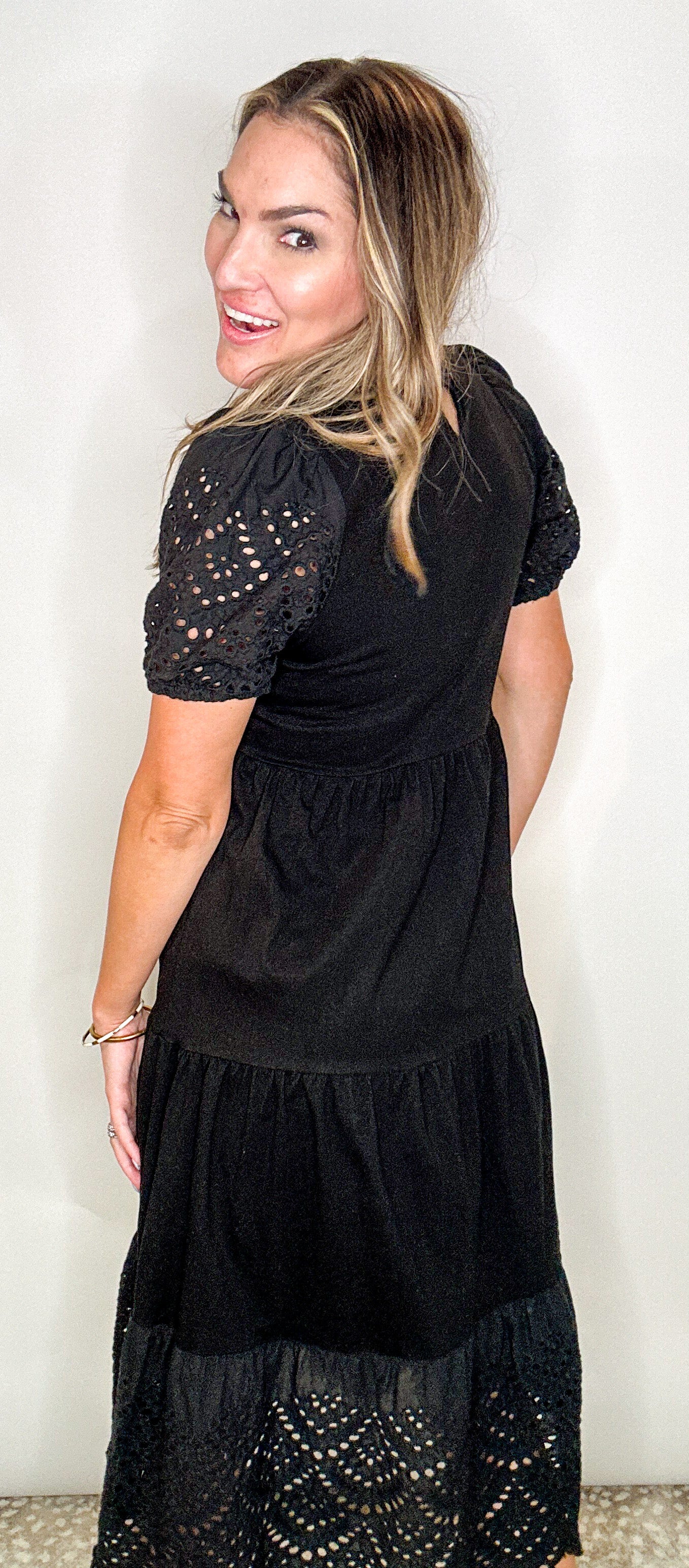 Black Eyelet Midi Dress