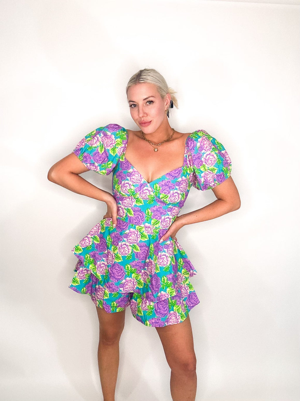 Purple Rose Print Layered Romper