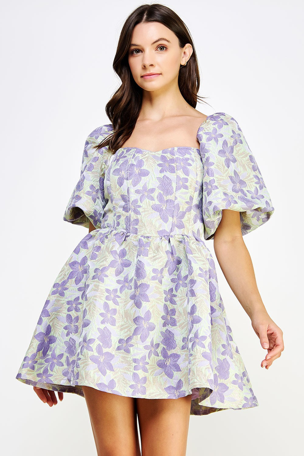 Balloon Sleeve Floral Jacquard Mini Dress