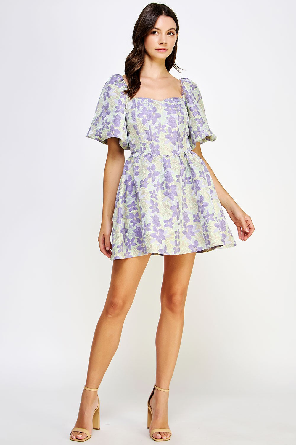 Balloon Sleeve Floral Jacquard Mini Dress