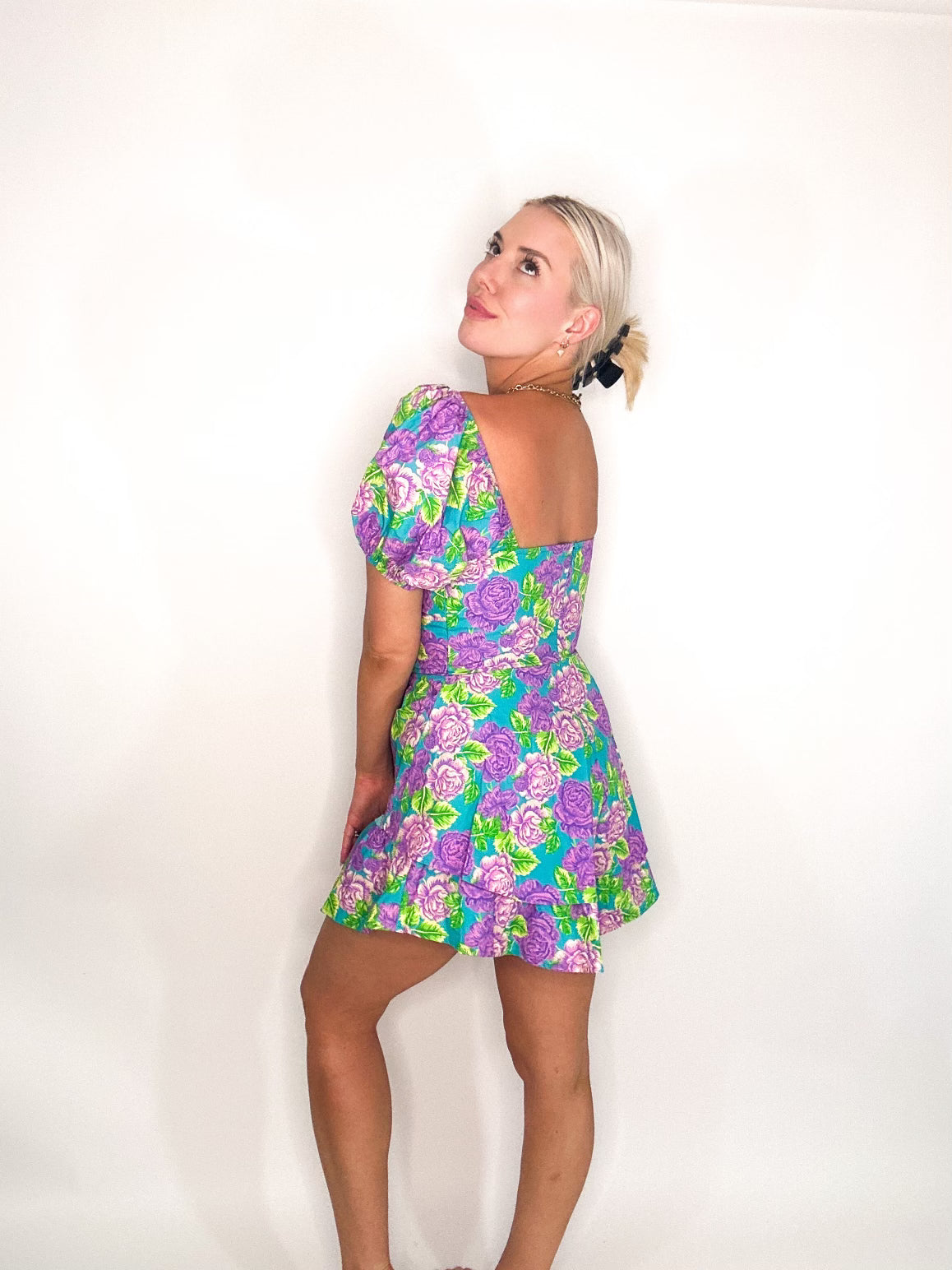 Purple Rose Print Layered Romper