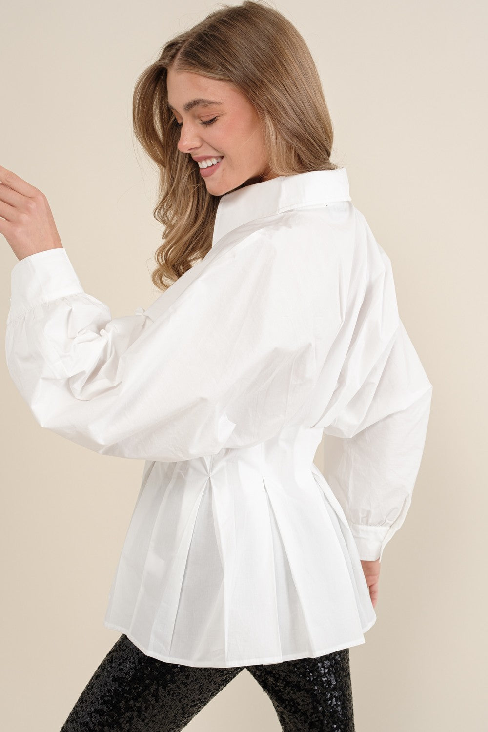 White Cotton Pleated Puff Sleeve Blouse