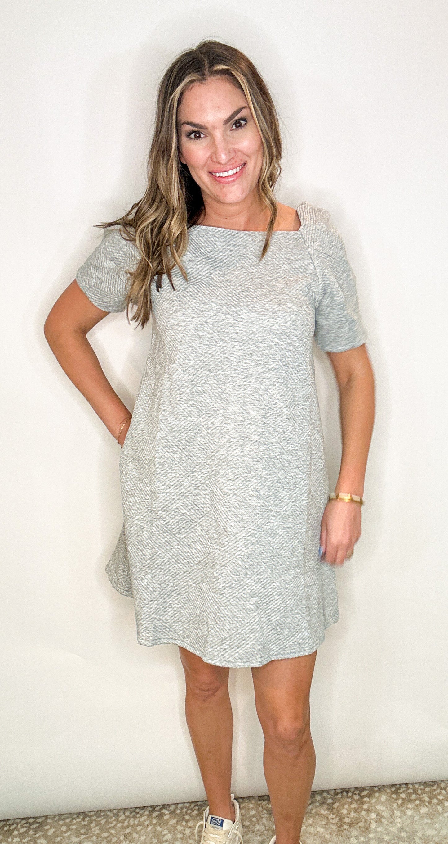 Grey Textured Puff Sleeve Dress