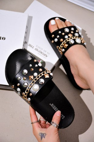 Black Embellished Slides