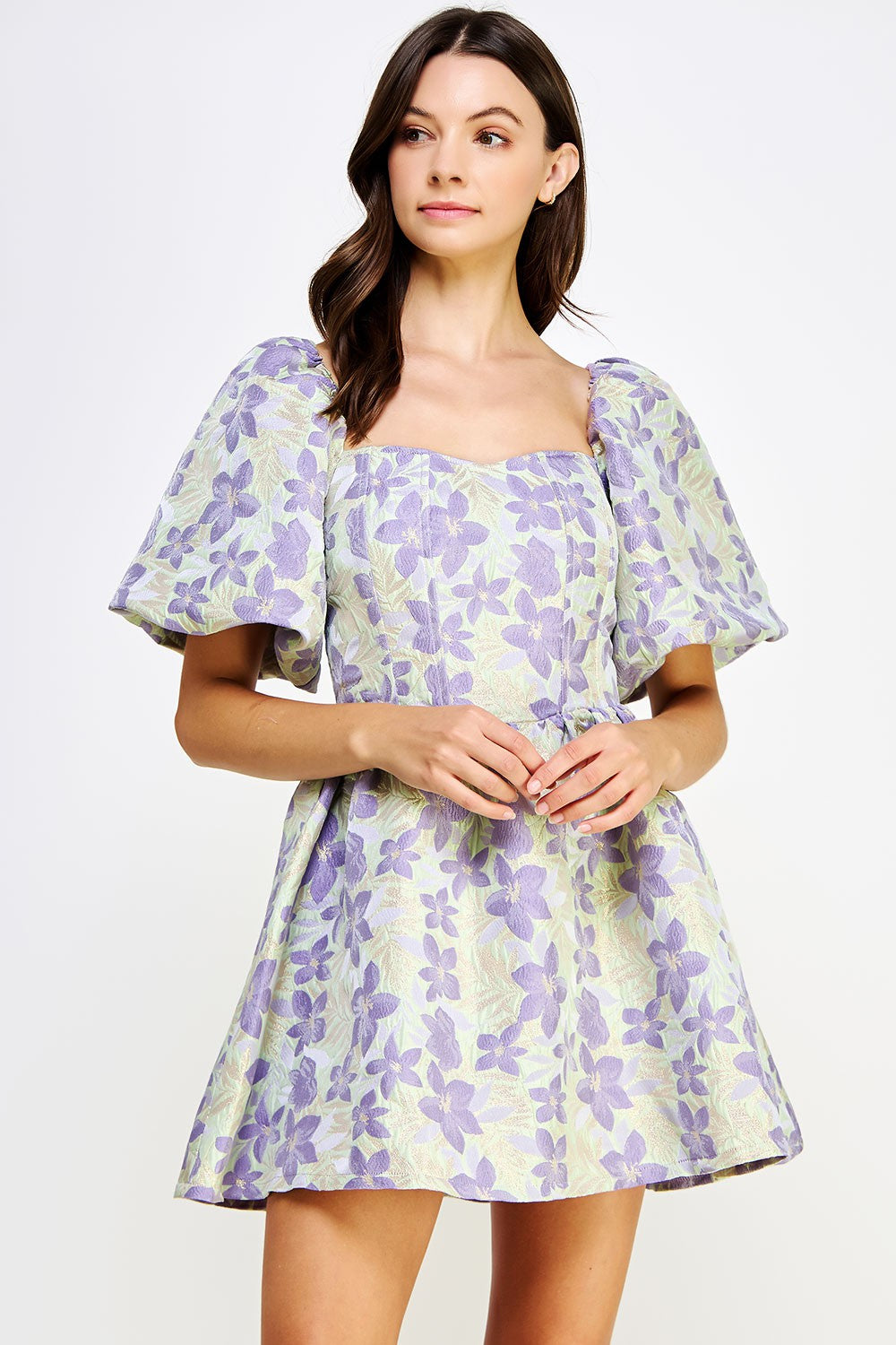 Balloon Sleeve Floral Jacquard Mini Dress