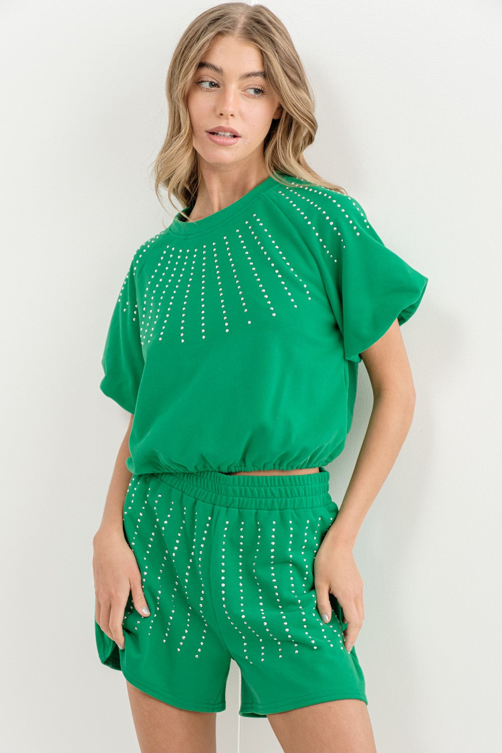 Kelly Green Studded Puff Sleeve Set