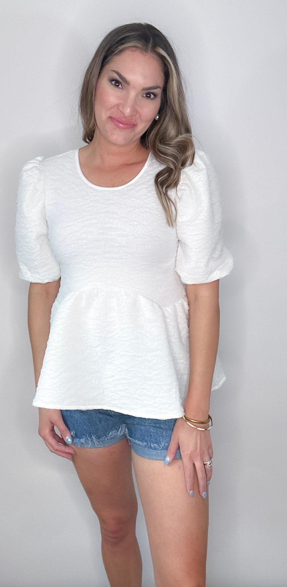 White Lace Textured Peplum Blouse