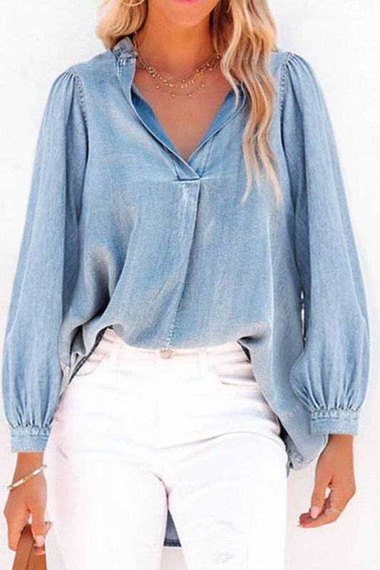 Denim Chambray Ballon Sleeve Top