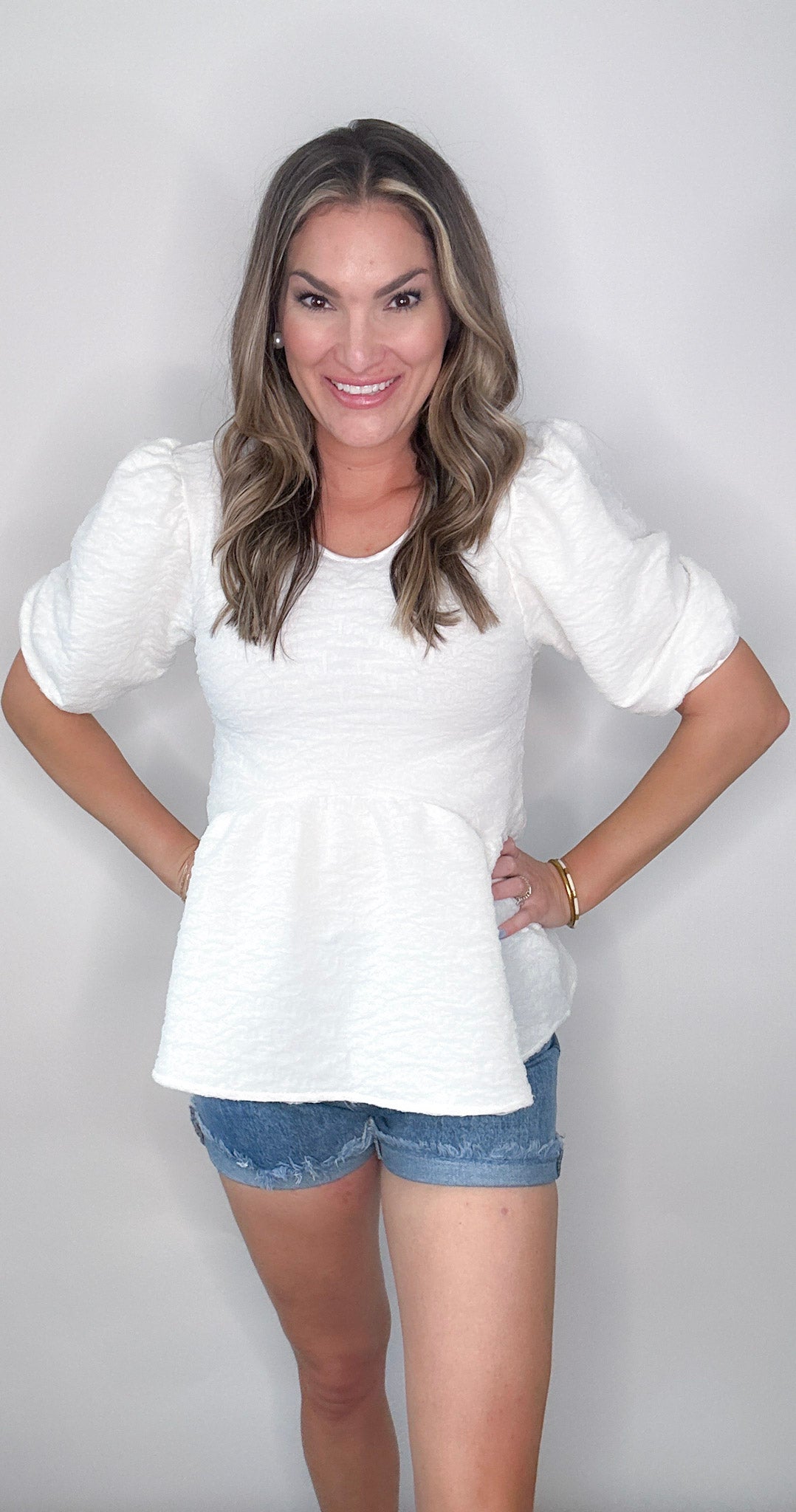 White Lace Textured Peplum Blouse