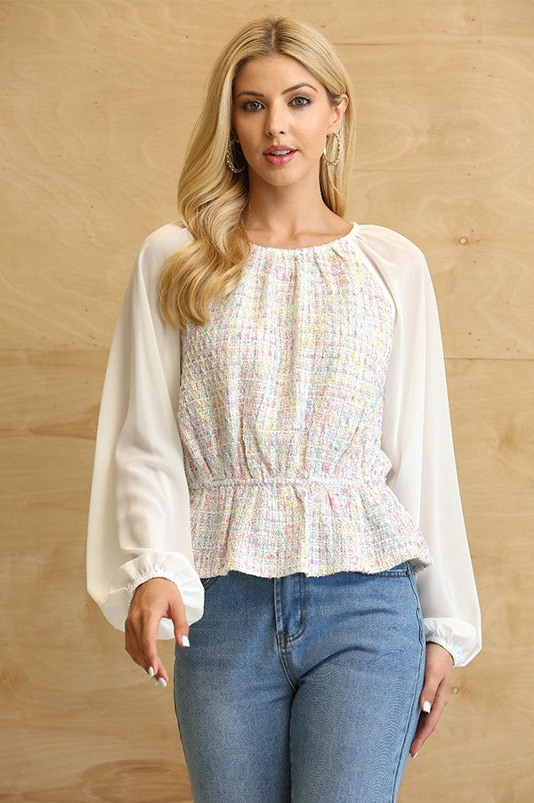 White Tweed Peplum Top