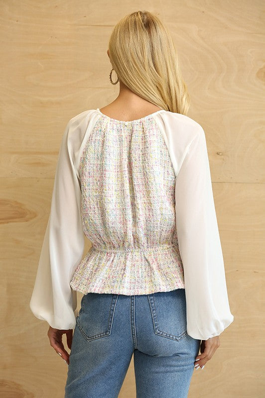 White Tweed Peplum Top