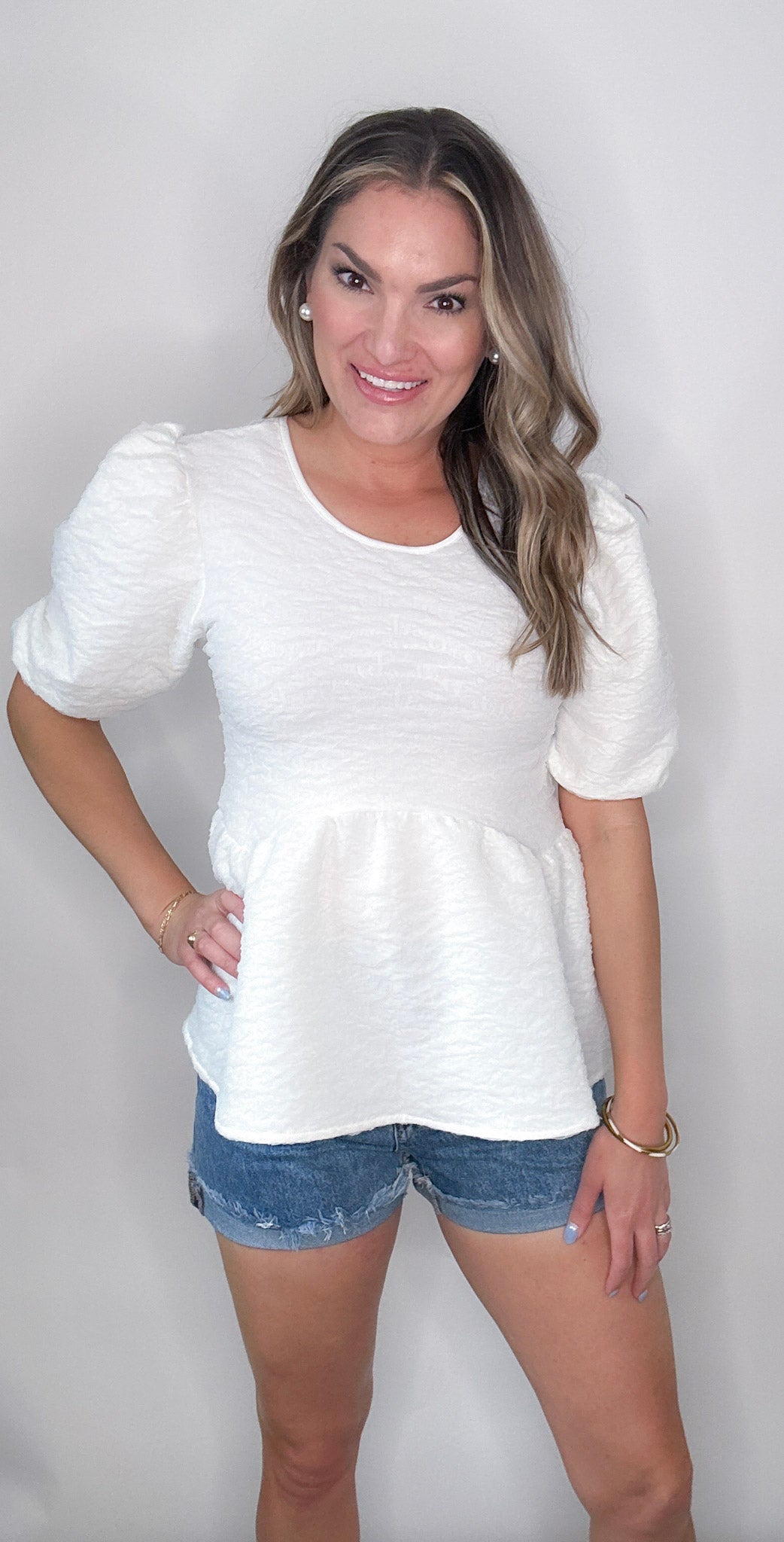 White Lace Textured Peplum Blouse