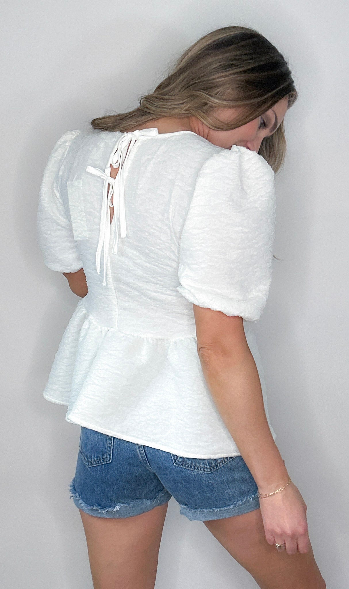 White Lace Textured Peplum Blouse