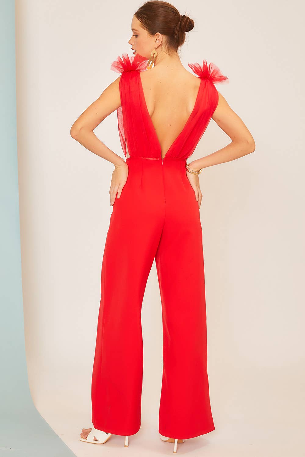 Red Ruffled Accents Shoulders Jumpsuit