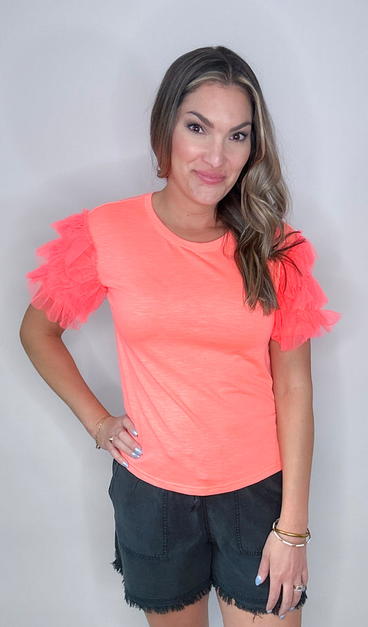 Neon Coral Ruffle Sleeve Knit Top