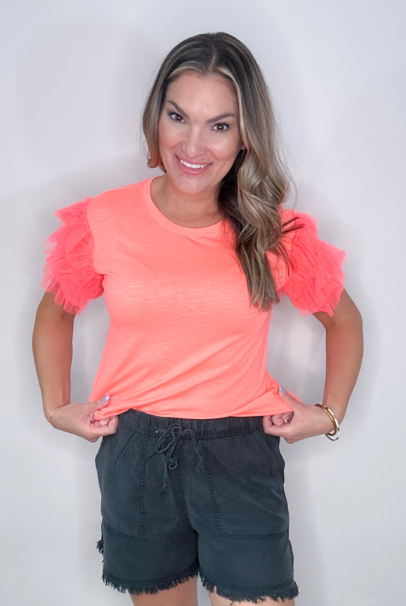 Neon Coral Ruffle Sleeve Knit Top