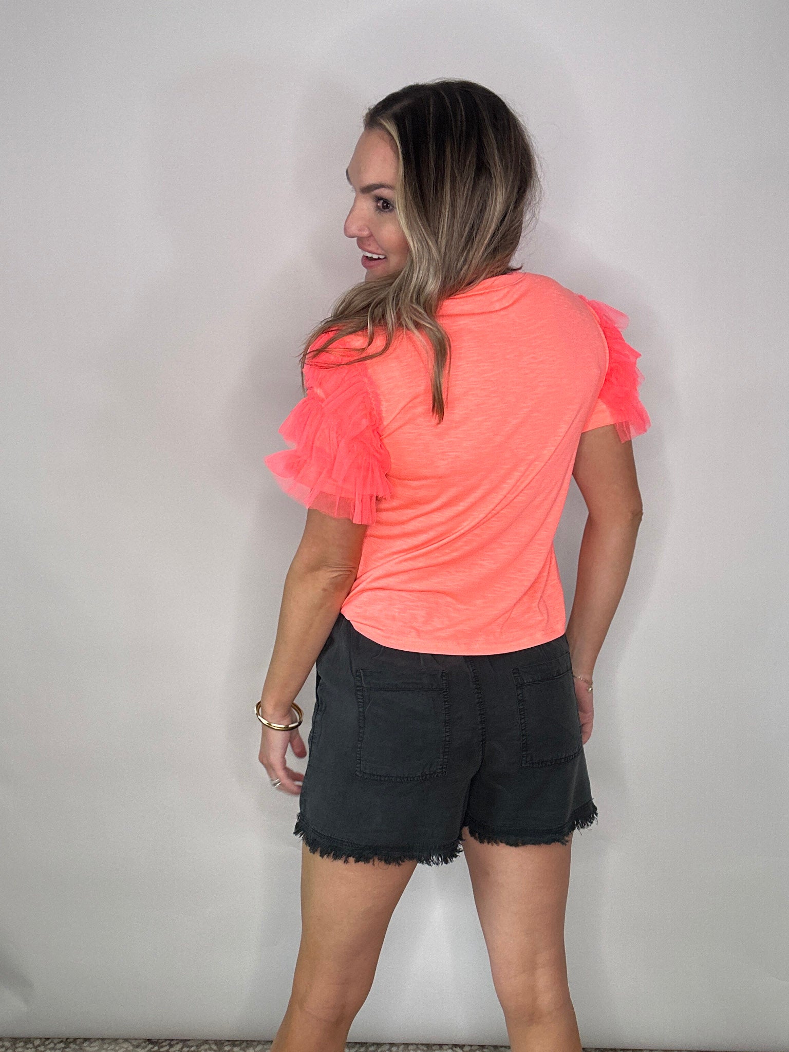 Neon Coral Ruffle Sleeve Knit Top