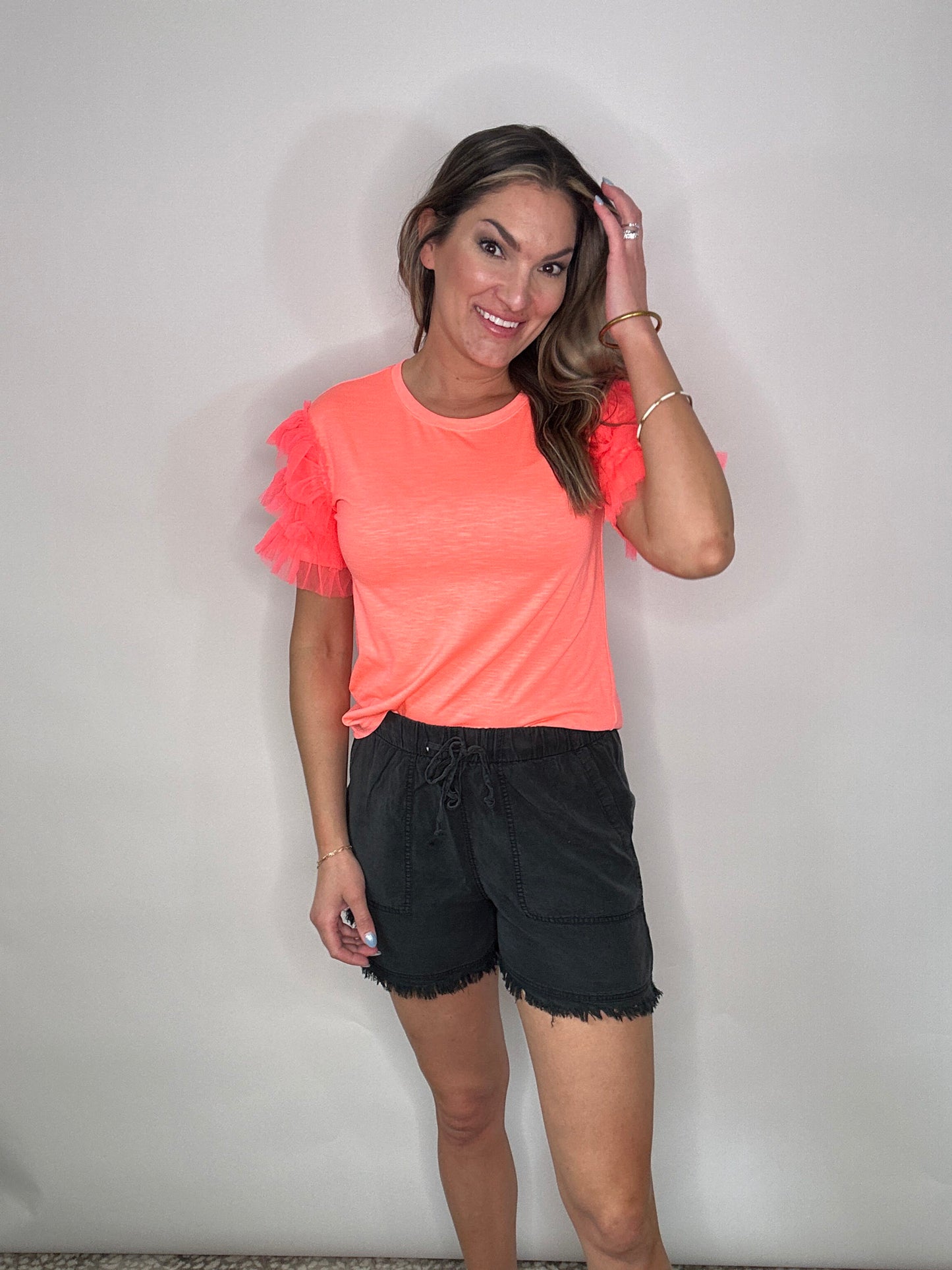 Neon Coral Ruffle Sleeve Knit Top