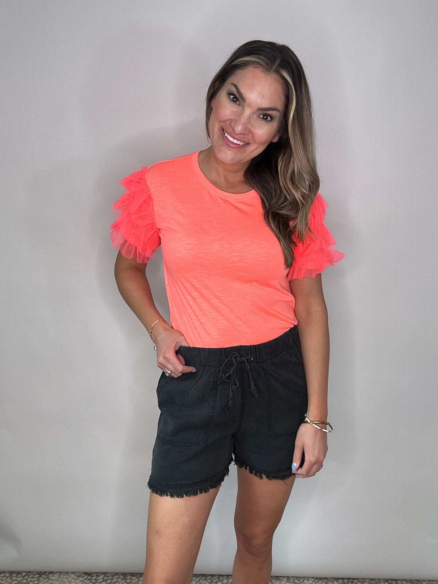 Neon Coral Ruffle Sleeve Knit Top