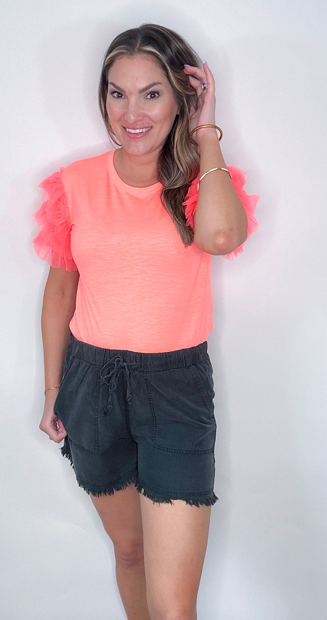 Neon Coral Ruffle Sleeve Knit Top