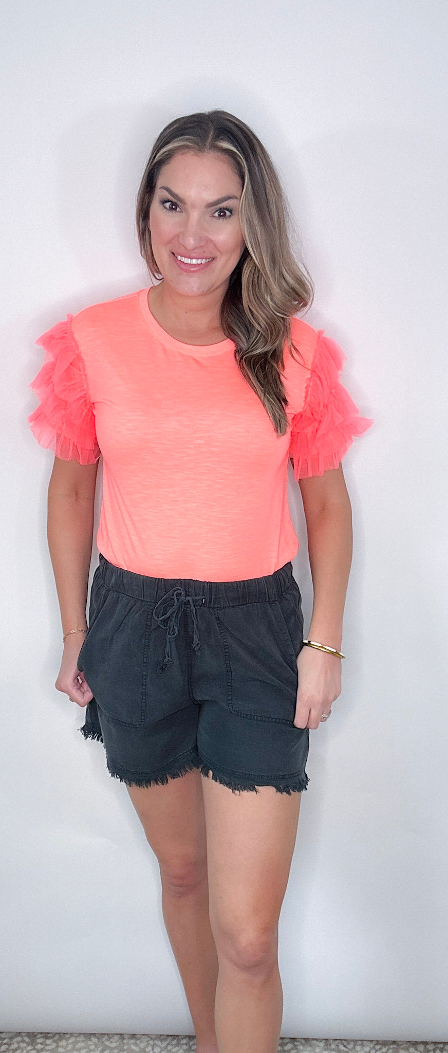 Neon Coral Ruffle Sleeve Knit Top