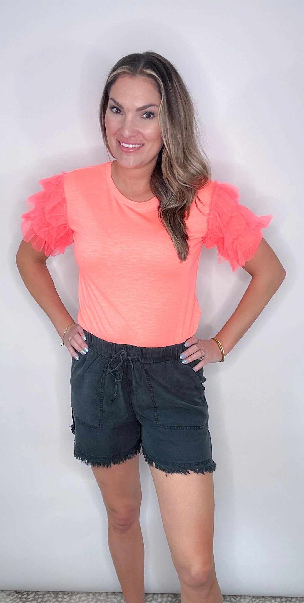 Neon Coral Ruffle Sleeve Knit Top