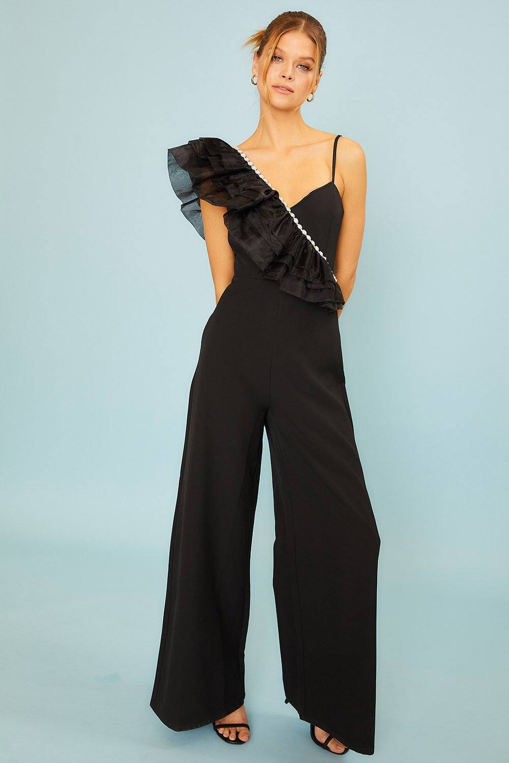 Pearl Ruffle Trim Black Jumpsuit