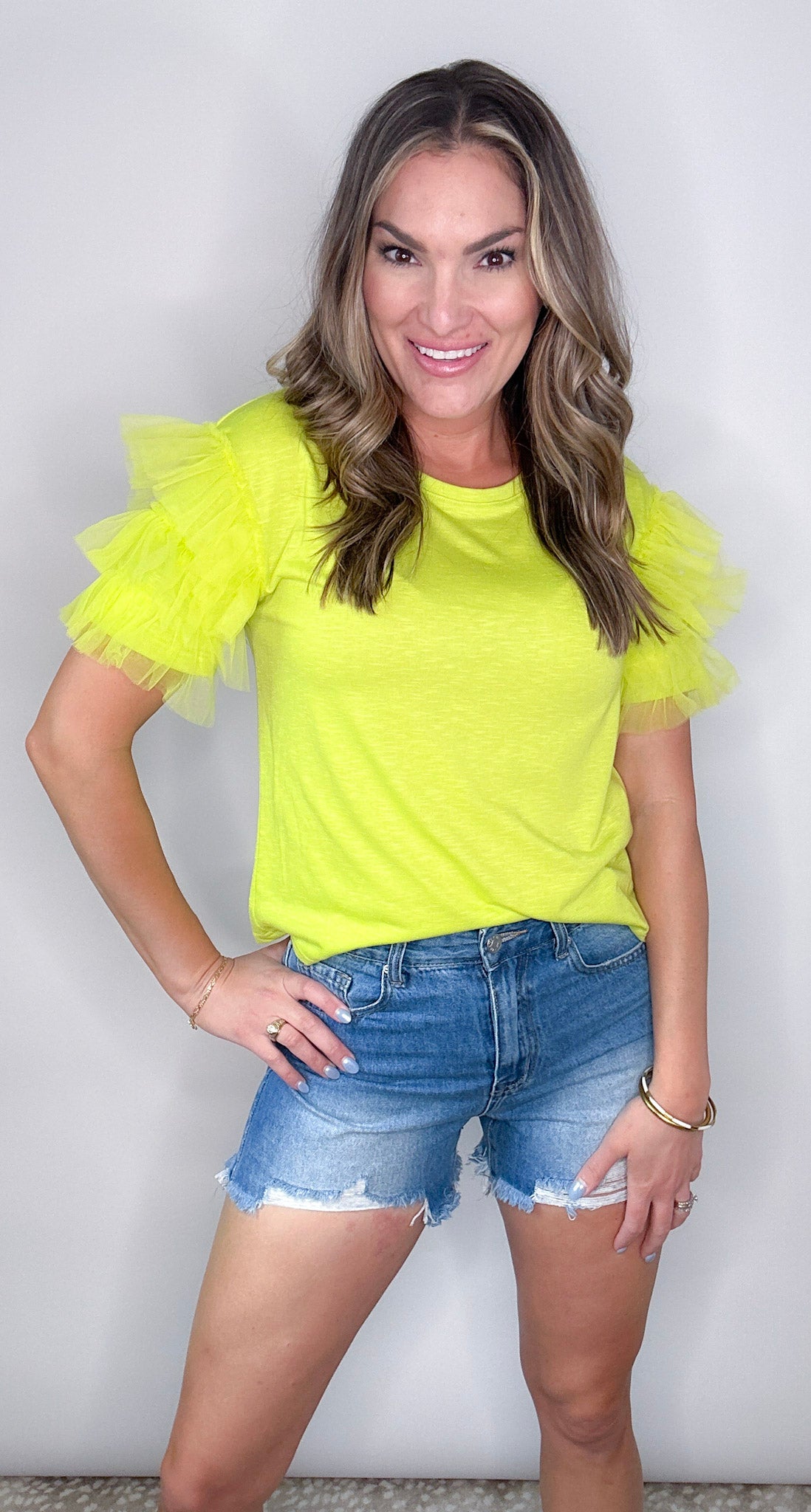 Neon Green Ruffle Sleeve Knit Top