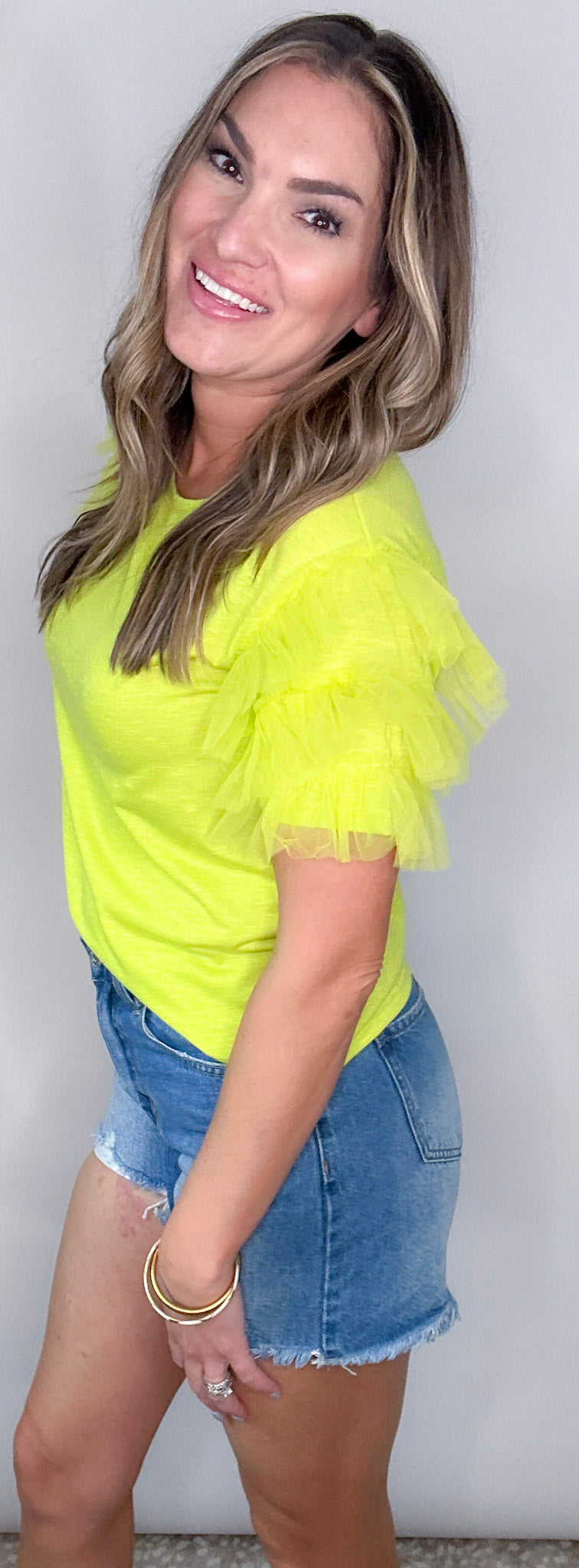 Neon Green Ruffle Sleeve Knit Top