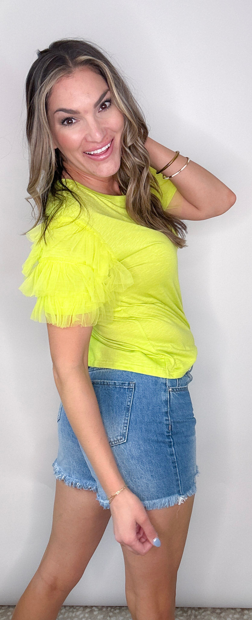 Neon Green Ruffle Sleeve Knit Top