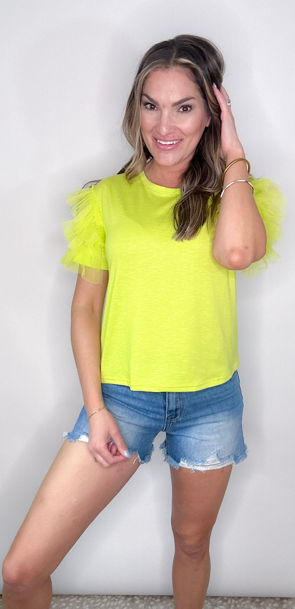 Neon Green Ruffle Sleeve Knit Top