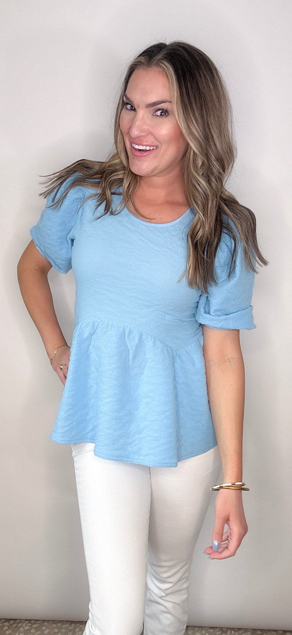 BB Blue Lace Textured Peplum Blouse