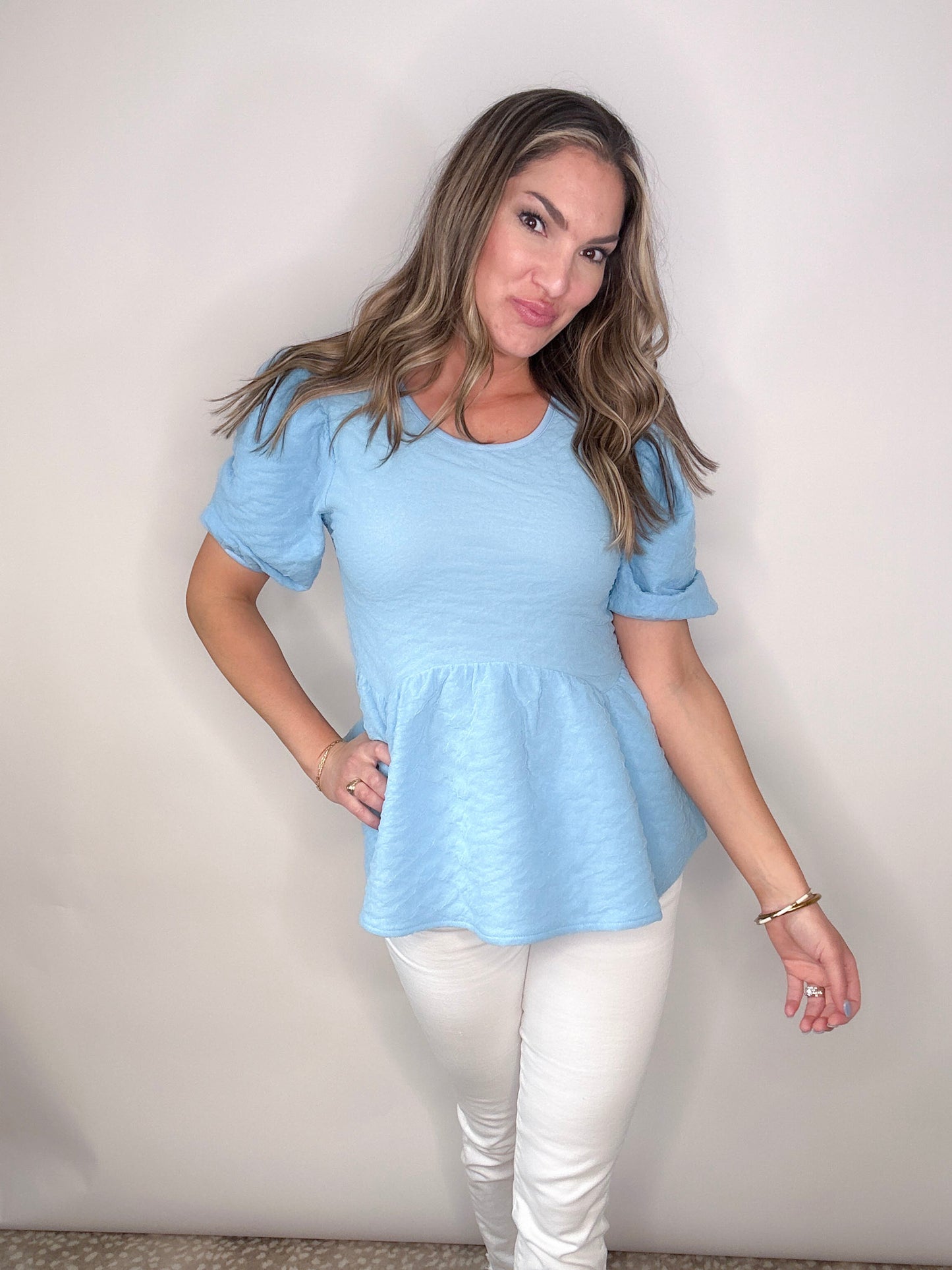 BB Blue Lace Textured Peplum Blouse