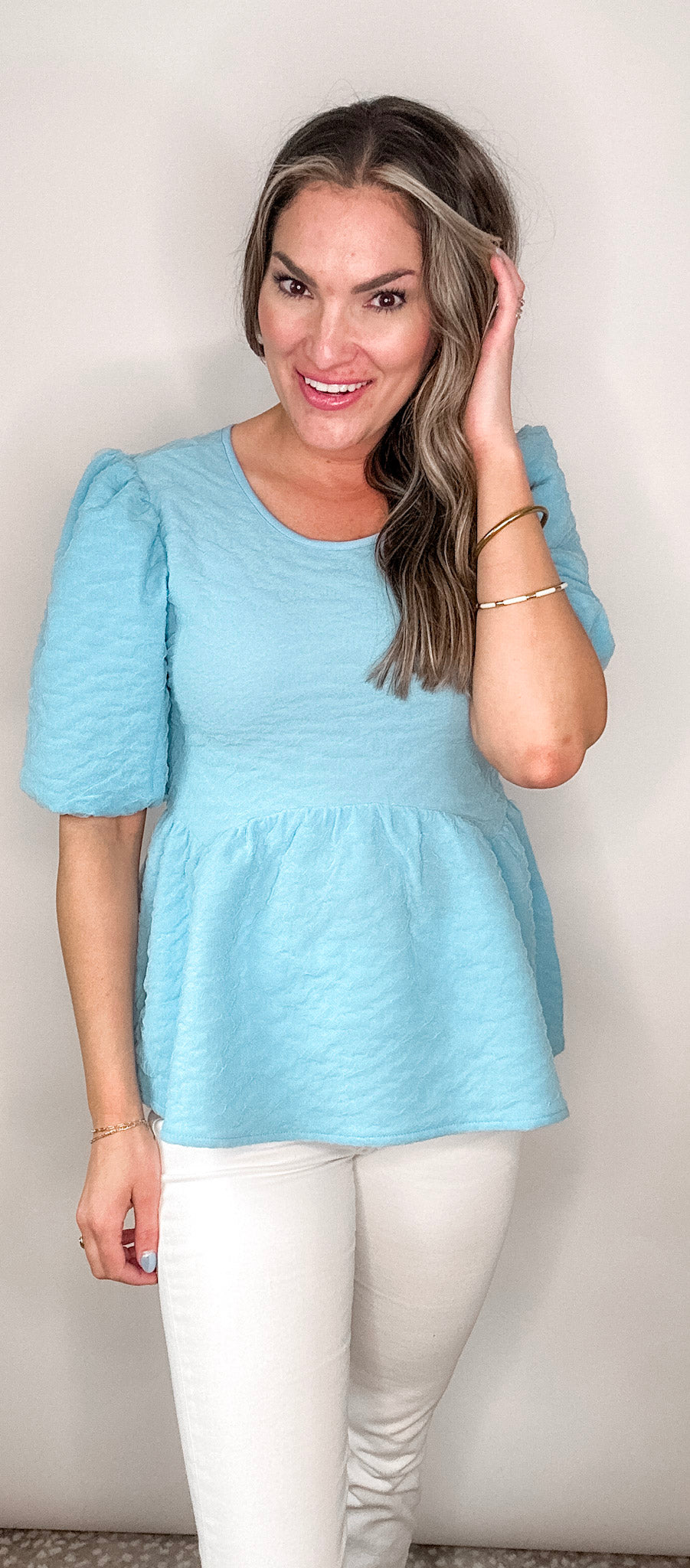 BB Blue Lace Textured Peplum Blouse