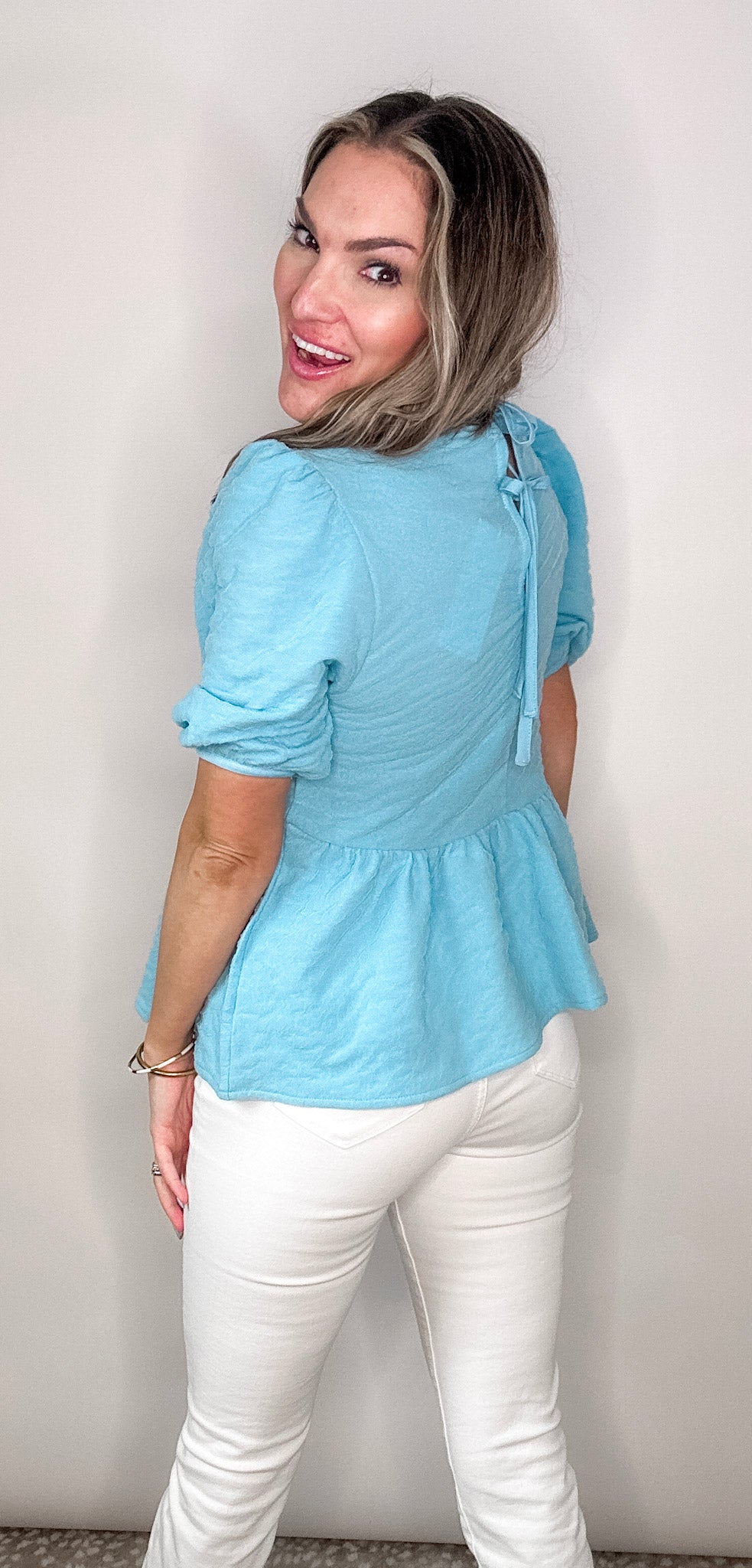 BB Blue Lace Textured Peplum Blouse