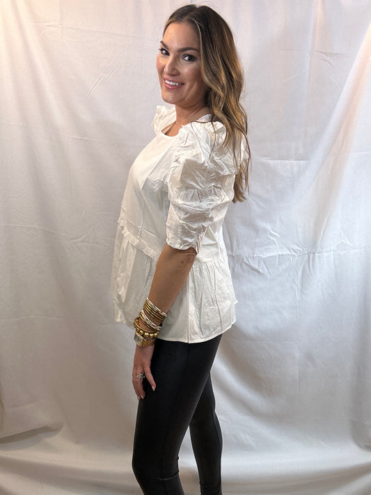 White Pleats Puff Sleeve Top