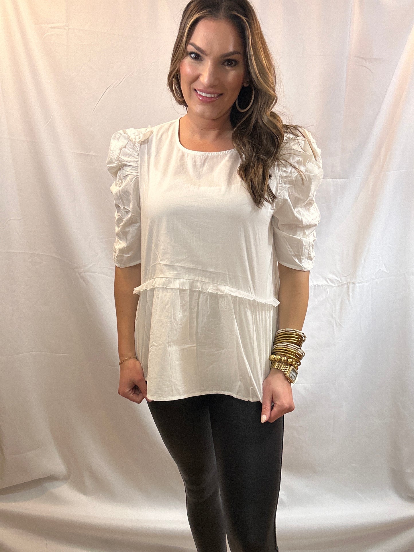 White Pleats Puff Sleeve Top