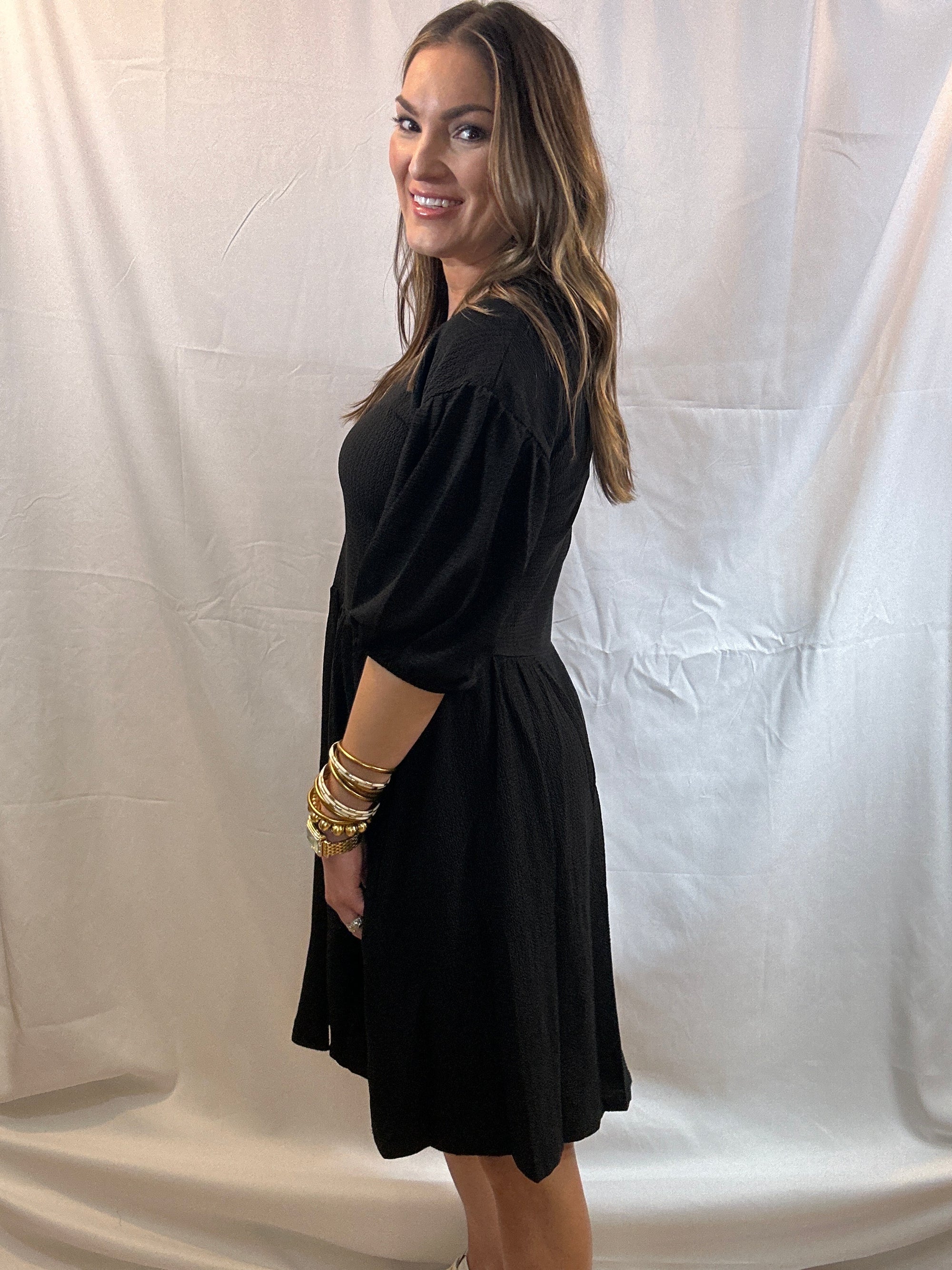 Black Knit V-Neck Puff Sleeve Dress