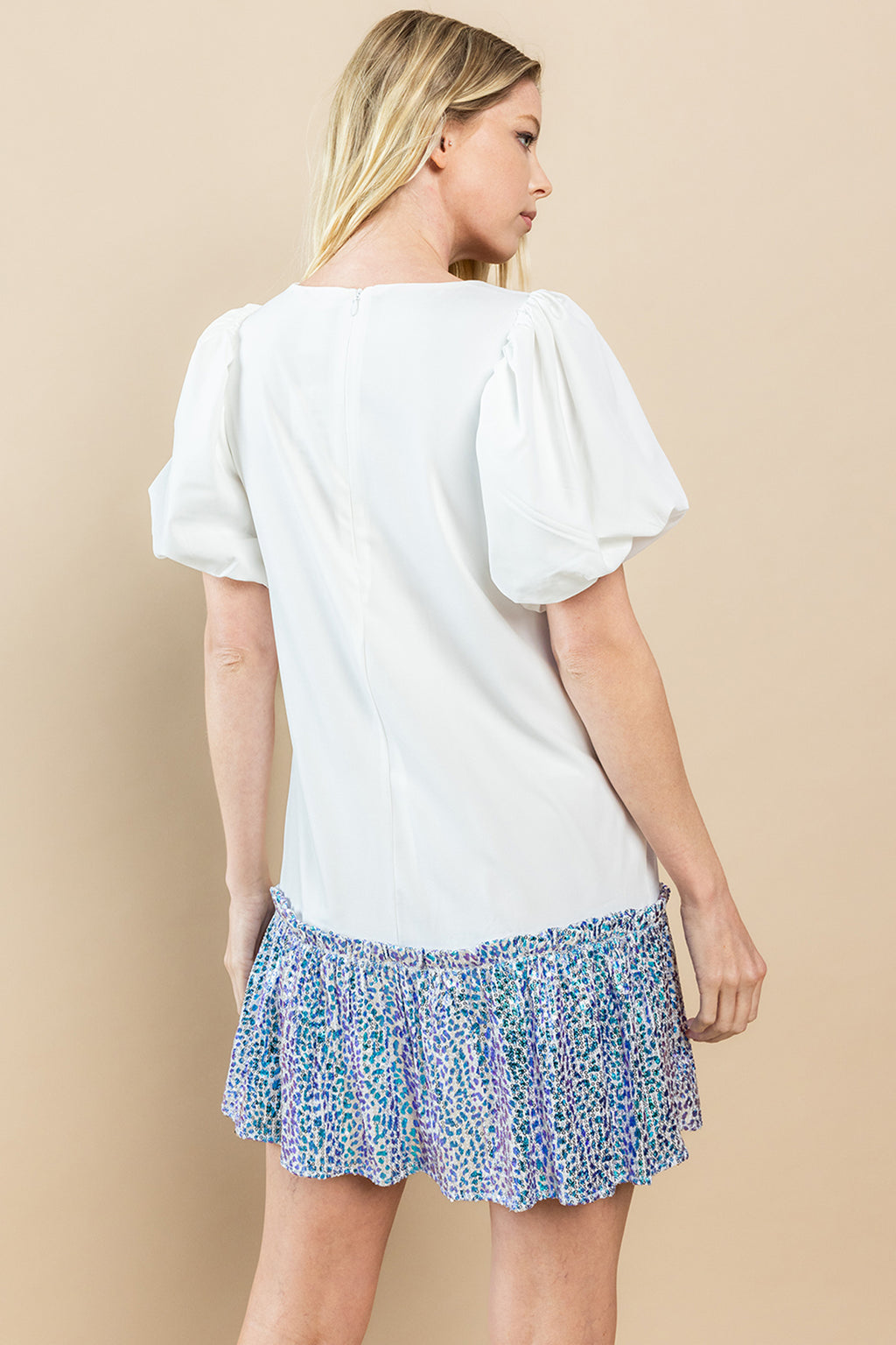 Puff Sleeve Sequin Ruffle Hem Dress