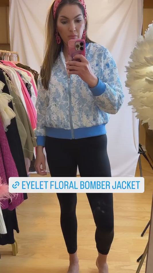 good vibes only eyelet floral bomber jacket